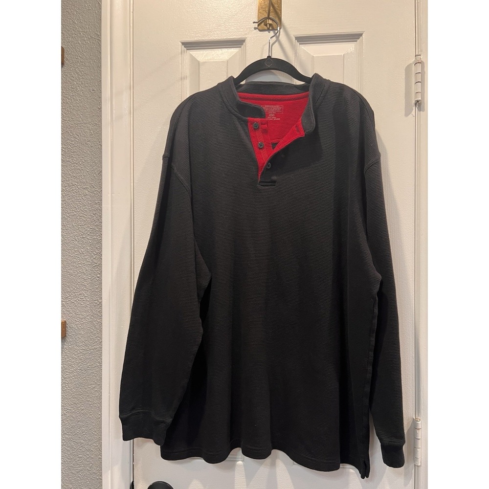 Pendleton Mens XXL Waffle Knit Henley Shirt Black/Red Thermal Long Sleeve Cotton
